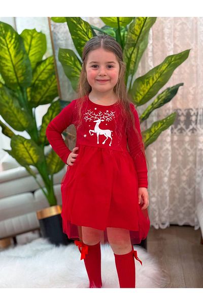 GÖKJOY BUTİK Girl's Christmas Tulle Detailed Deer Dress
