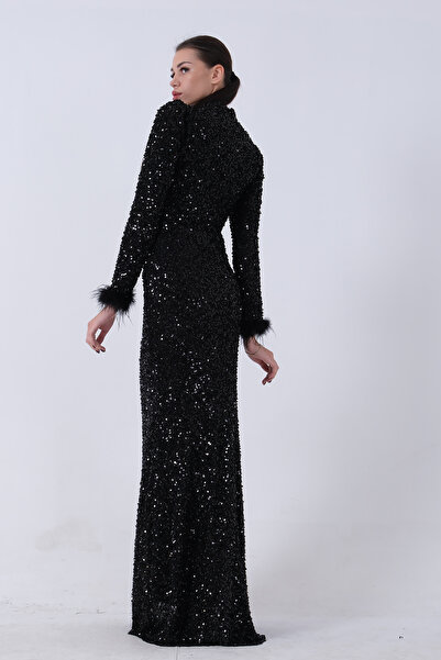 Feminist Pul Payetli ve Tüy Detaylı Tesettür Abiye  Siyah 6502490