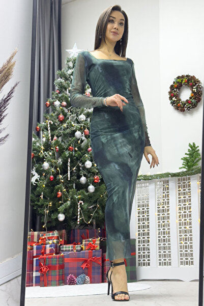 thezkscom Γυναικείο φόρεμα με τετράγωνο λαιμόκοψη με σχέδιο μπατίκ ελαστικό ύφασμα με μακρυμάνικο τούλι σε μεγάλο μέγεθος τιρκουάζ