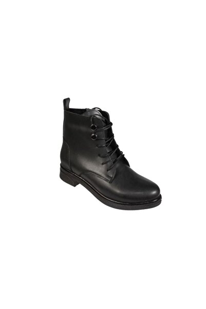 Yaz Kış Ayakkabı Yazkiş Women's Black Leather Buttoned Lace up 13cm Ankle Len...