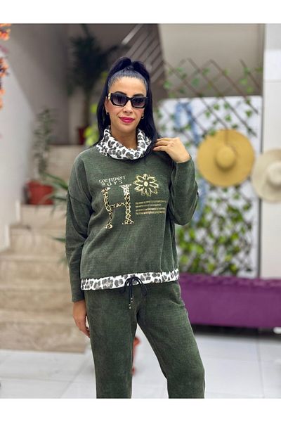 Punta Otantik Pt10475 Italian Leopard Print Khaki Velvet Suit