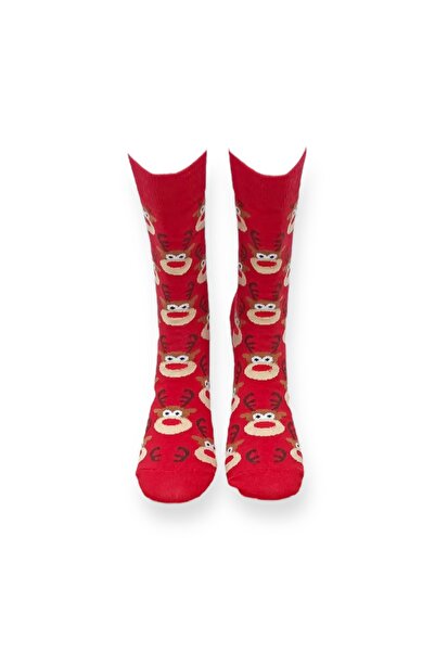 Mevo Single Red Color Unisex Flexible Moisturizing Cotton Christmas Patterned Socks