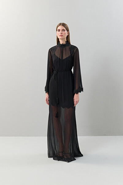 Roman Dantel Detaylı İspanyol Kol Şifon Elbise Siyah K2511319_001