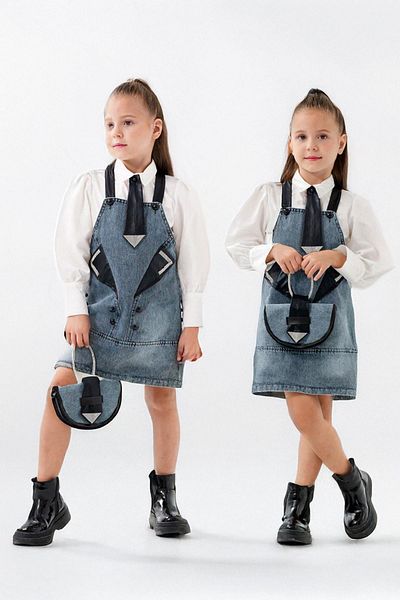 Minigimin Cicileri Costum Gilet Denim pentru Fata Albastru - Accesorii Geanta Cravata