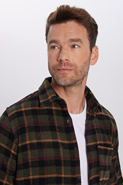 Tudors Erkek Slim Fit Dar Kesim Uzun Kollu Pamuklu Kareli Tek Cepli Kışlık Oduncu Gömlek