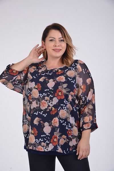 LİLAS XXL Bluză din șifon cu imprimeu floral de mărime mare, albastru bleumarin
