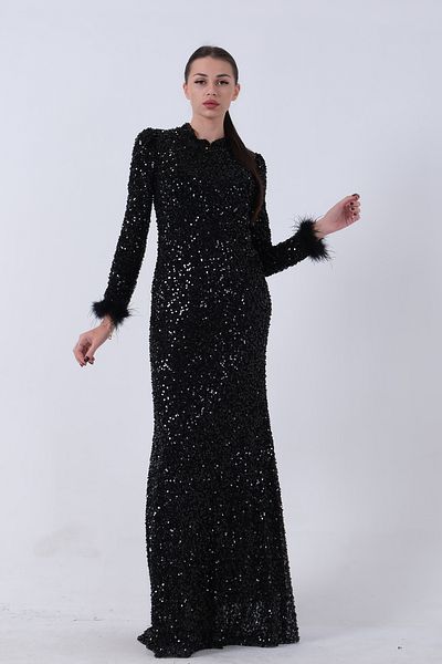 Feminist Sequined and Feather Detailed Hijab Evening Dress Black 6502490