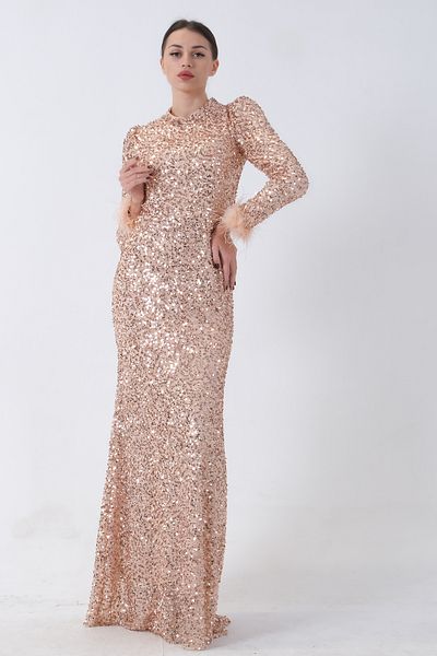 Feminist Sequined and Feather Detailed Hijab Evening Dress Beige 6502490