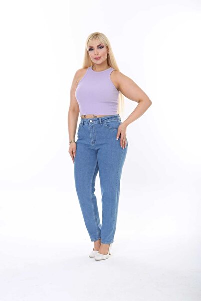 ASSO MOM FIT JEAN مقاس كبير، سروال عالي الخصر وضيق وقابل للتمدد