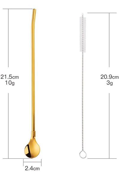 Tomurcukhome Set of 6 Latte and Cocktail Spoons with Gold Straw - Cleaning Brush, 22 cm Round Model