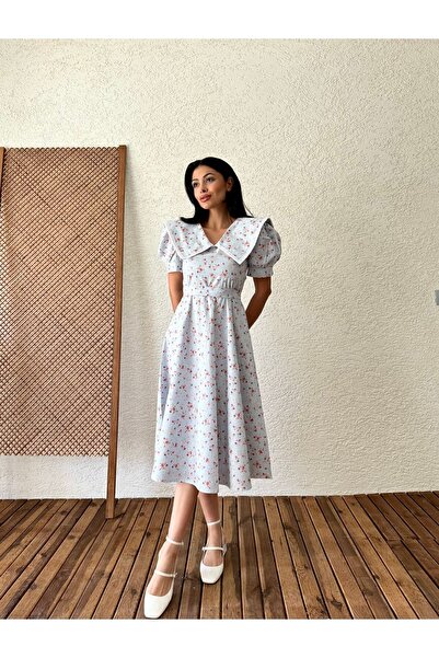 KÜÇÜĞÜM BUTİK Vintage Büyük Yakalı Mavi-Bordo Çiçekli Kloş Elbise