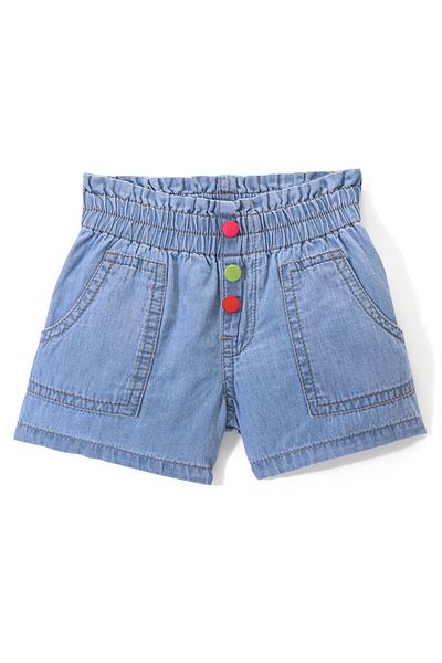 Bonfino 100% Cotton Solid Shorts with Paperbag Waist & Neon Buttons - Blue