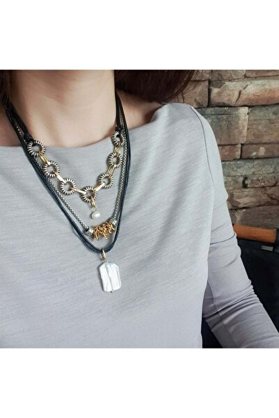 Filiz Aslı Tasarım İnci Detaylı Siyah 3 Kat Kolye