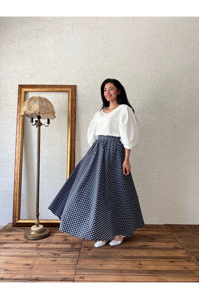 KÜÇÜĞÜM BUTİK Спідниця-кльош з темно-синього попліну в горошок