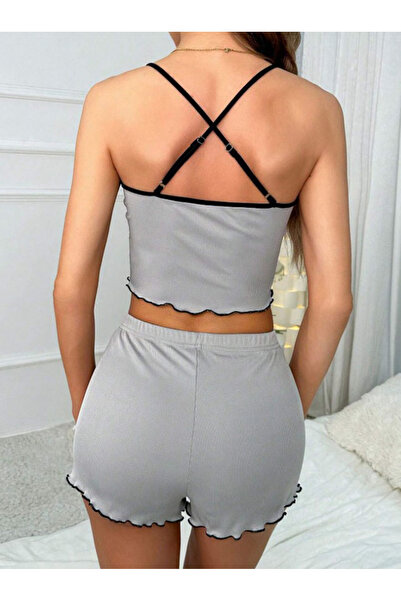AŞAR MODA TEKSTİL Láska ženy - šedý oříznutý top, šortky sada nočního prádla, valentýnský nový rok