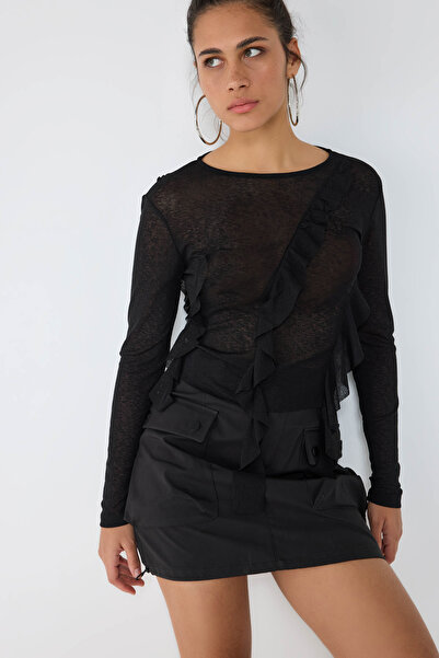 No Matter What Black Ruffle Detailed See-Through Long Sleeve Bodysuit