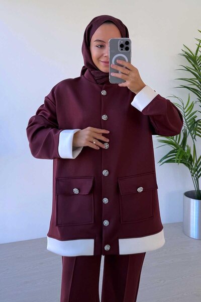 Ka Hijab Elegant Button Detailed Double Scuba Set - Claret Red