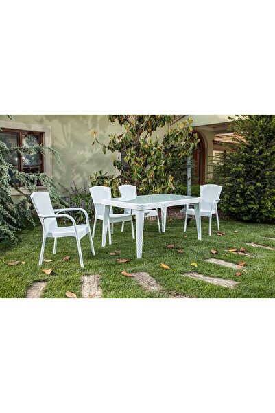 Bintaş Mobilya Beyaz Bahçe Masa Sandalye Takımı 4 Kişilik 90x150.cm