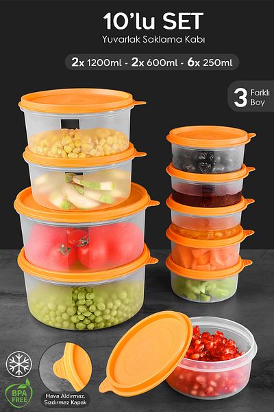 Meleni Home Round Food Storage Set of 10 - Food Container 6X250 2X600 2X1200Ml Orange Organizer Organizer