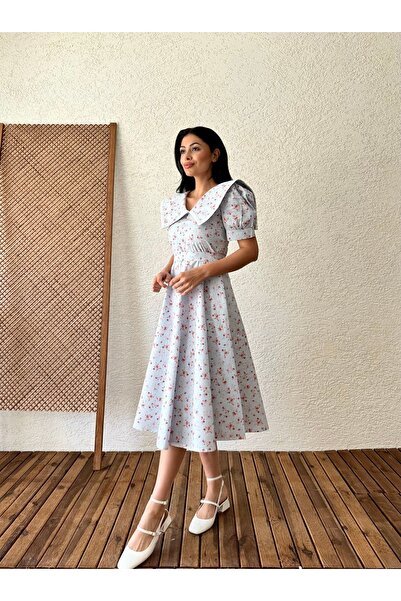 KÜÇÜĞÜM BUTİK Vintage Büyük Yakalı Mavi-Bordo Çiçekli Kloş Elbise