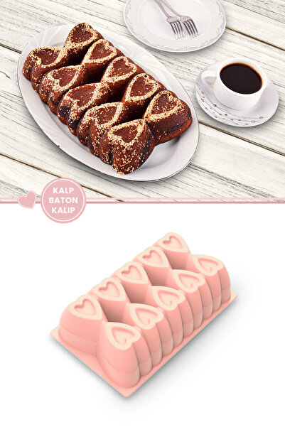 Silicolife Kalp Desenli Risotto Silikon Baton Kek Kalıbı Soft Pembe 26x16 cm