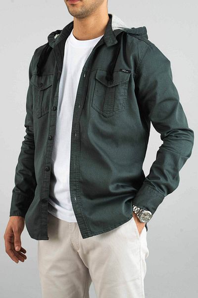 bombe Ανδρικό τζιν πουκάμισο Χακί με κουκούλα Slim Fit