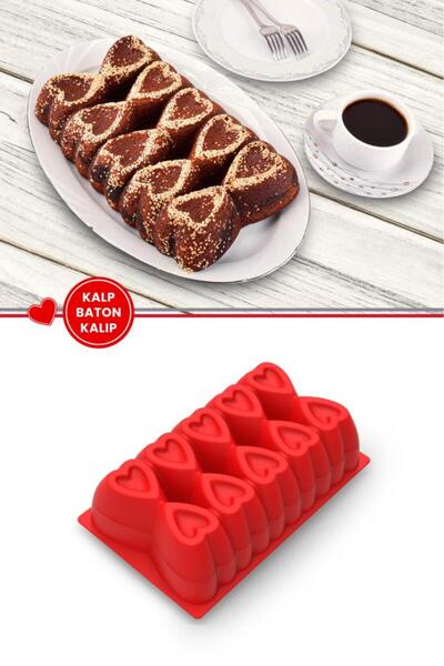 Silicolife Kalp Desenli Risotto Silikon Baton Kek Kalıbı Kırmızı 26x16 cm