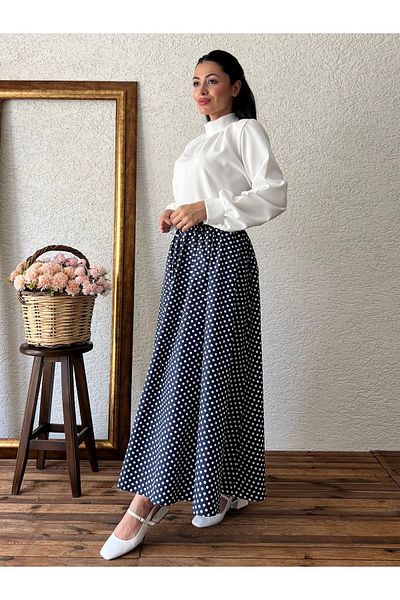 KÜÇÜĞÜM BUTİK Πουά Navy Blue Poplin Flared Φούστα