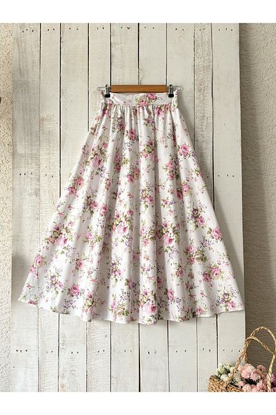 KÜÇÜĞÜM BUTİK Φούστα Poplin Flared - Λευκή, Ροζ και Μωβ Floral
