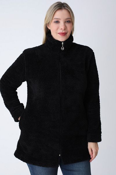 İntensive Women's Black Plus Size Zipper Soft Plush Cardigan
