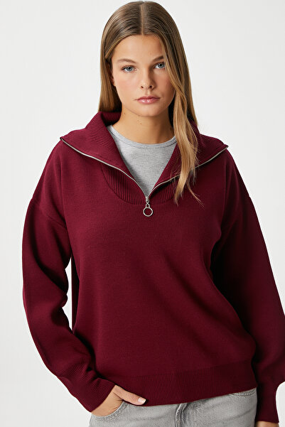 Ritnice Women's Bruno Basic Zippered Burgundy Sweater