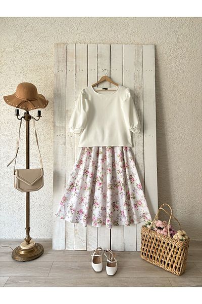 KÜÇÜĞÜM BUTİK Φούστα Poplin Flared - Λευκή, Ροζ και Μωβ Floral