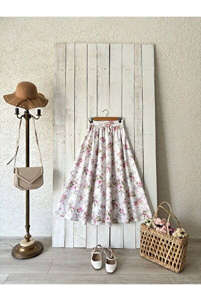 KÜÇÜĞÜM BUTİK Poplin lobogó szoknya - fehér, rózsaszín és lila virágos