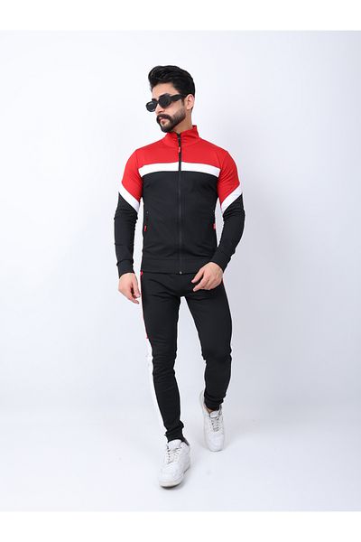 MERTEX Men's Red Diver Fabric Digital Printing Raster Zip-Up Tracksuit Set