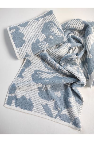 Sevim High Waterproof 100% Cotton Patterned Striped Hand/Face Towel - Ecru/Blue, 45X85Cm