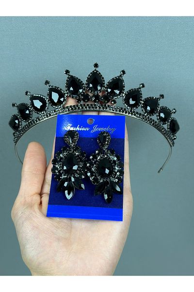 Hayalperest boncuk Black Neri Model Wedding Costume - Crown and Shuttle Drop Earring Set
