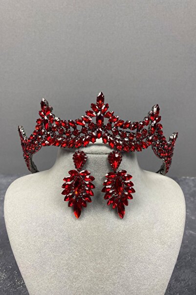 ESPEREST Set de coroană și cercei cu picătură de mireasă din piatră roșie din...