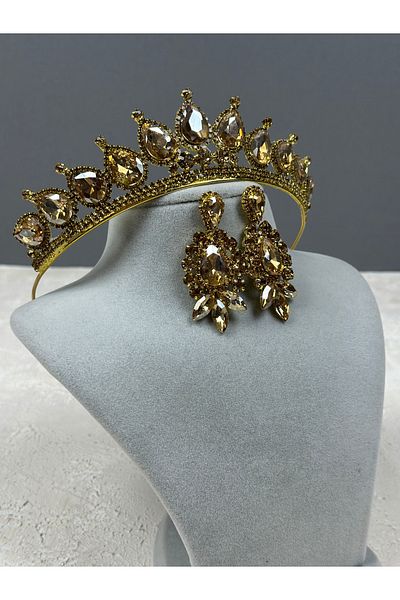 Hayalperest boncuk Green Neri Model Wedding Henna Costume Set - Crown and Shuttle Drop Earrings
