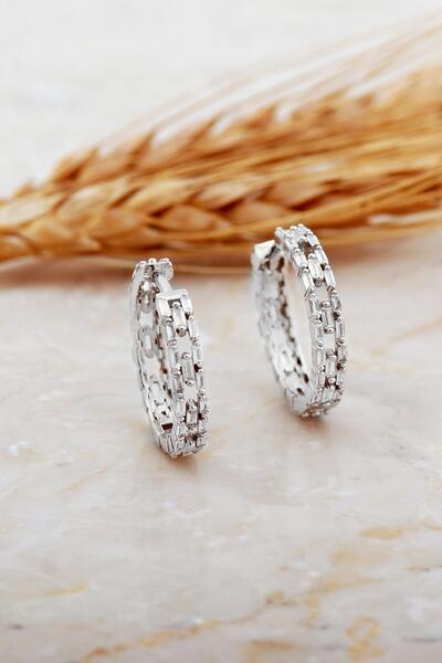 Sümer Telkari 21 Mm Tasarım Baget Taşlı Rodyumlu Gümüş Halka Küpe 7168