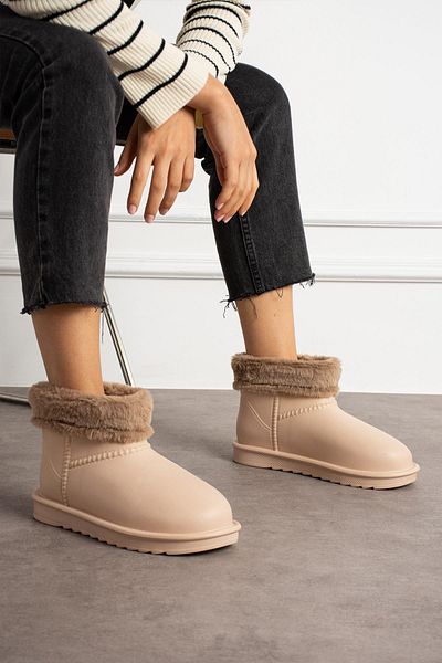 ShoeTek Γυναικείες μπότες βροχής Lirse Beige - Γούνα εσωτερικά και γιακά
