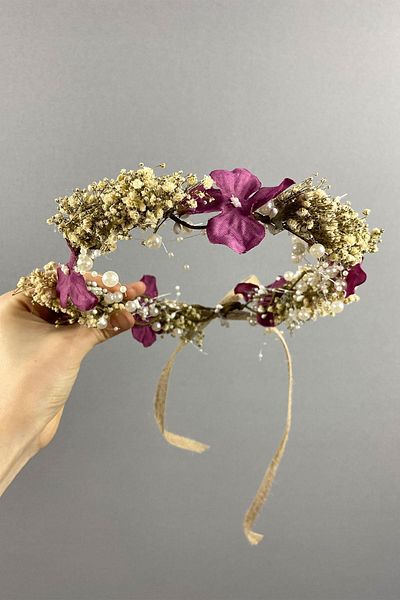 Hayalperest boncuk Hydrangea and Shocked Cipso Dried Flowering Bridal Crown with Pearls