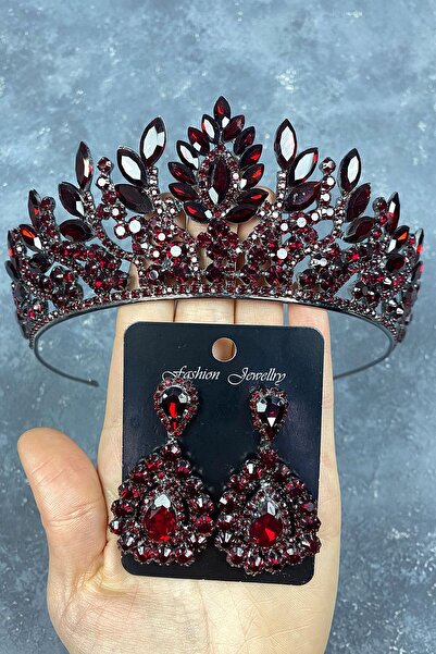 Limelia Set de cercei și coroană de mireasă cu henna din piatră Danver Burgundy