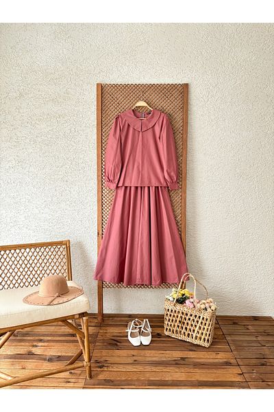 KÜÇÜĞÜM BUTİK Set bluză din popelin cu guler mic Dusty Rose și fustă evazată cu șnur