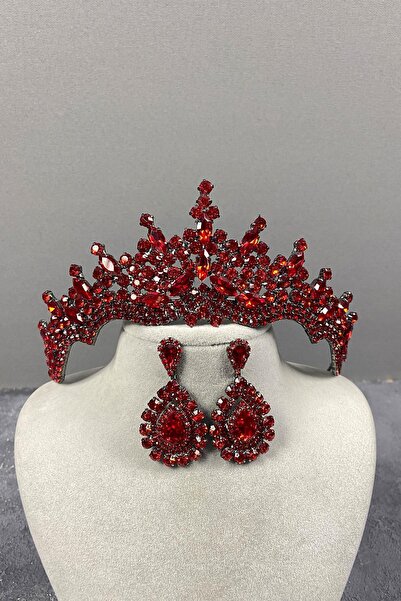 Limelia طقم تاج حناء الزفاف وأقراط متدلية من حجر طوكيو الأحمر