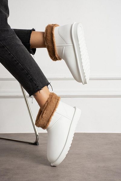 ShoeTek Λευκές γυναικείες μπότες βροχής Lirse - Γούνα εσωτερικά και γιακά