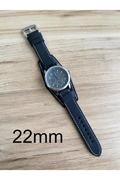 Prizma 22mm Siyah Alttan Derili El Yapımı Siyah Deri Saat Kordonu. Gerçek Der...