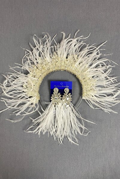 ESPEREST Coroană și cercei de mireasă cu pene și mărgele de cristal Sirius ecru