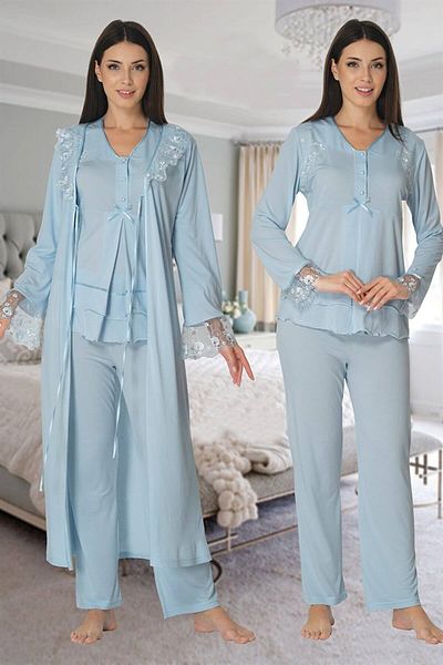 Pelin Set de pijamale din 3 piese pentru femei, albastru, cu mâneci lungi, cu volan, maternitate, maternitate
