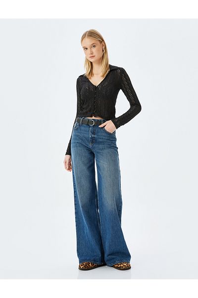 Koton Polo Neck Buttoned Openwork Long Sleeve T-Shirt