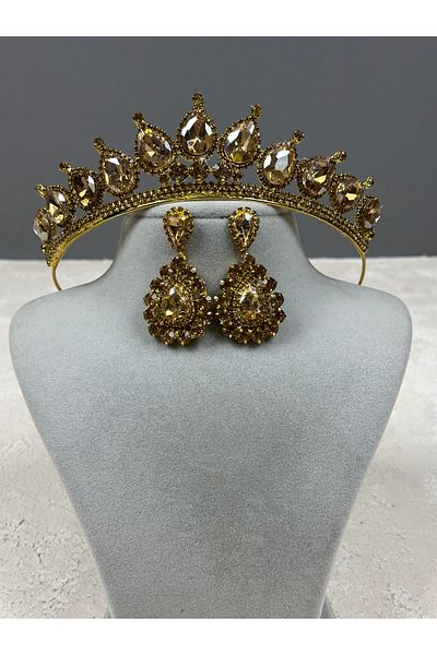Hayalperest boncuk Bridal Wedding Neri Model Henna Crown and Shuttle Earring Set - Gold